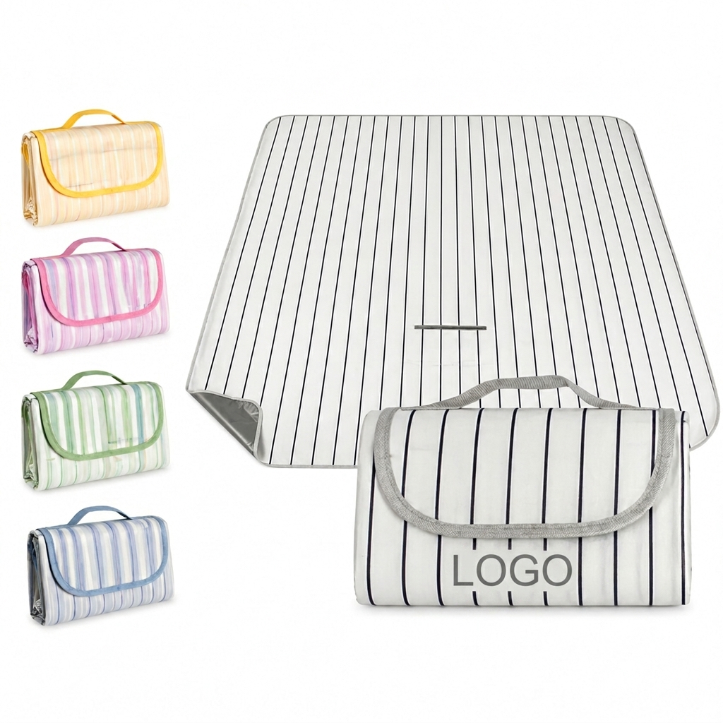 Striped Portable Picnic Blanket with Carrying Handle and Moisture-Resistant Backing