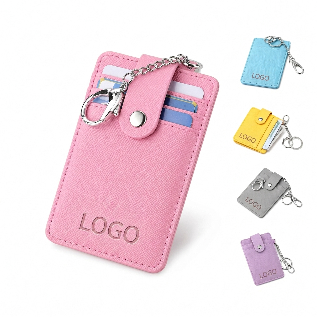 Vertical Synthetic Leather Card Sleeve with Metal Key Ring and Snap Closure