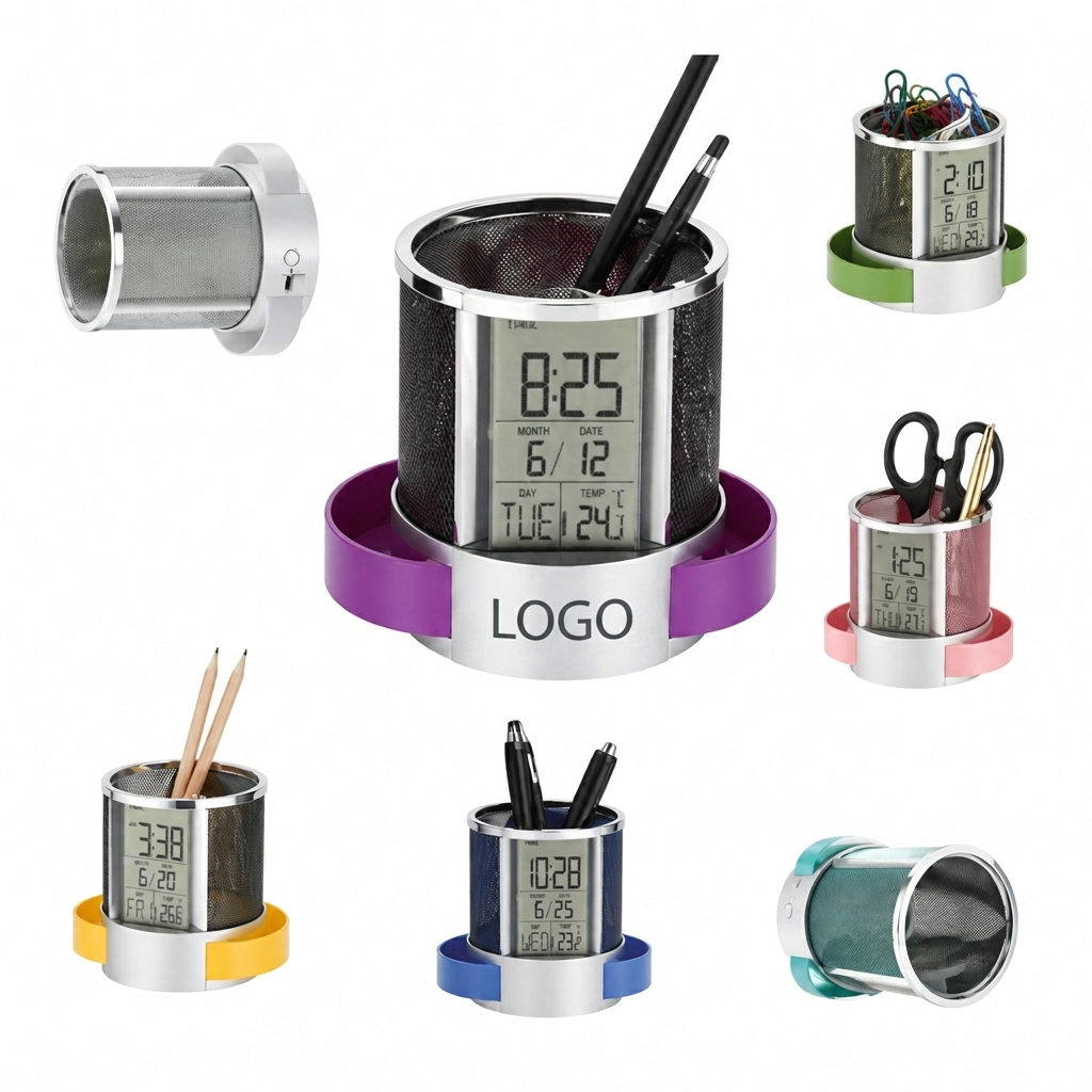 Mesh Desktop Organizer with Integrated Digital Clock and Calendar