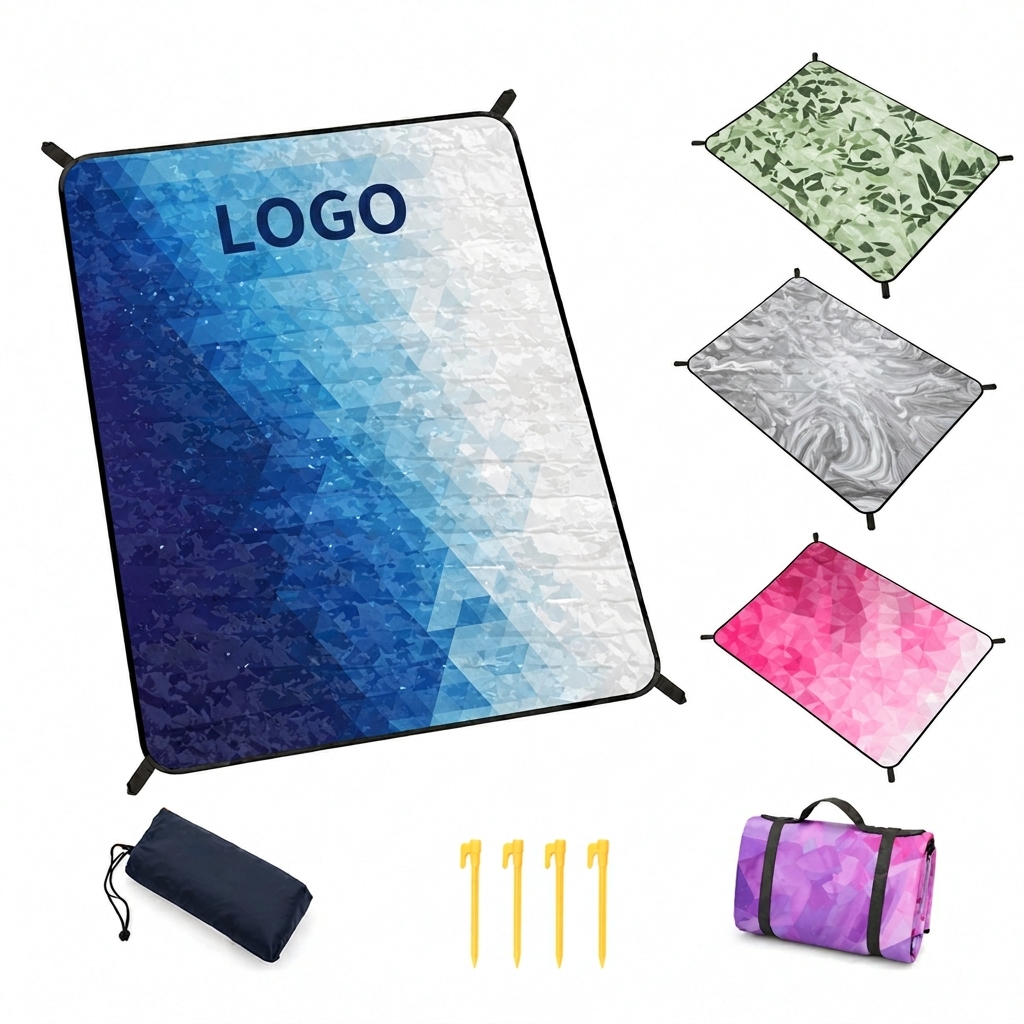 Large Sand-Resistant Microfiber Outdoor Mat with Ground Stakes and Storage Pouch