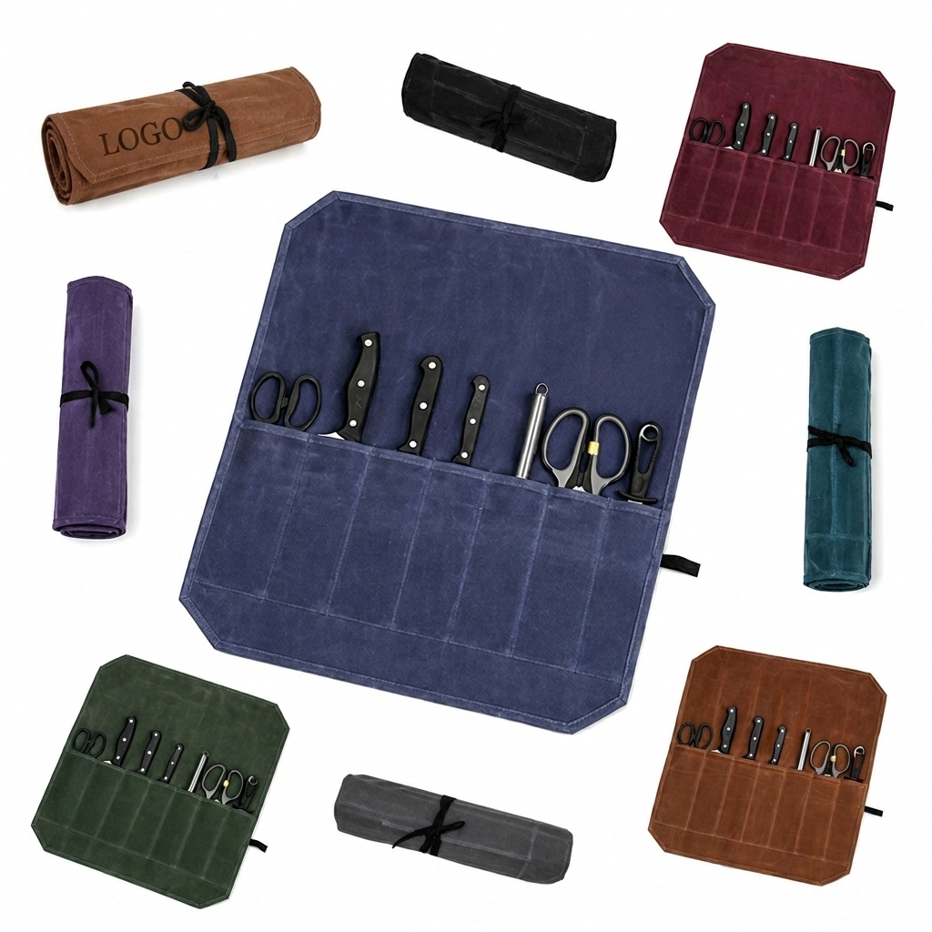 Professional Waxed Canvas Culinary Tool Roll with 7 Compartments
