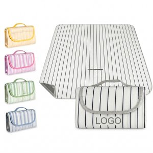 Striped Portable Picnic Blanket with Carrying Handle and Moisture-Resistant Backing
