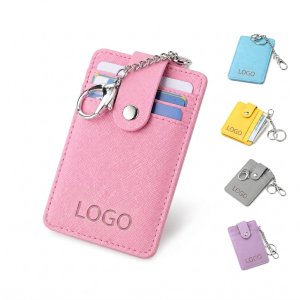 Vertical Synthetic Leather Card Sleeve with Metal Key Ring and Snap Closure