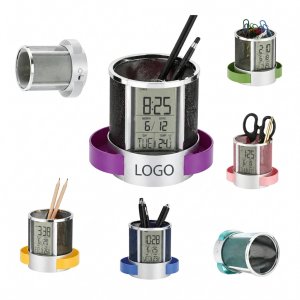 Mesh Desktop Organizer with Integrated Digital Clock and Calendar