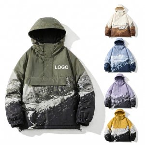 Insulated Mountain Print Pullover Anorak with Hood